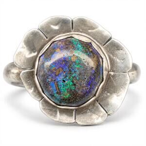 Handmade Andamooka Matrix Opal Blue Green Flower Ring Sterling Silver Size 9